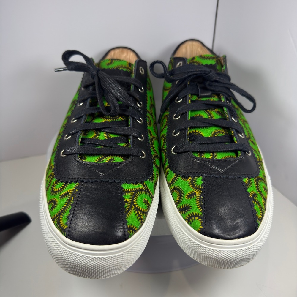 Kamod African Sneakers Low Top Green Swirl Print Black Leather Lace Up Mens 9.5 - Picture 2 of 14